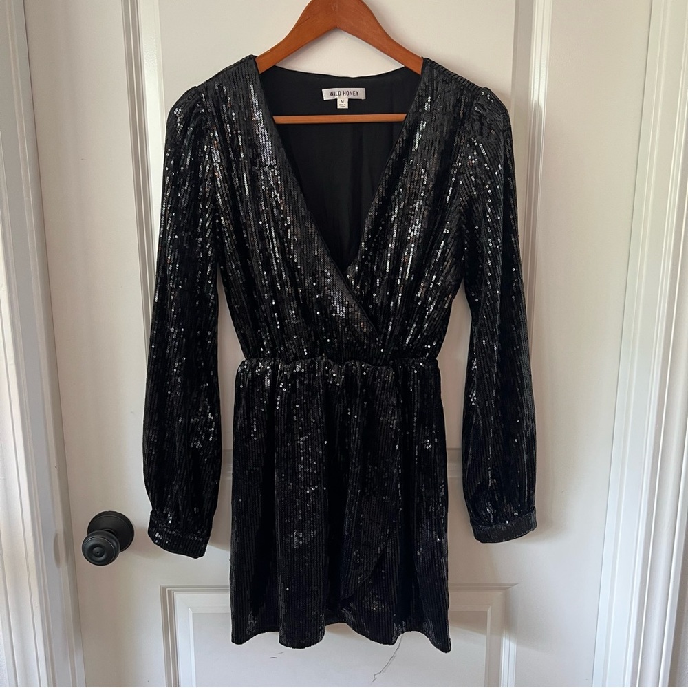 Wild Honey Black Sequin Long Sleeve Wrap Mini Dress